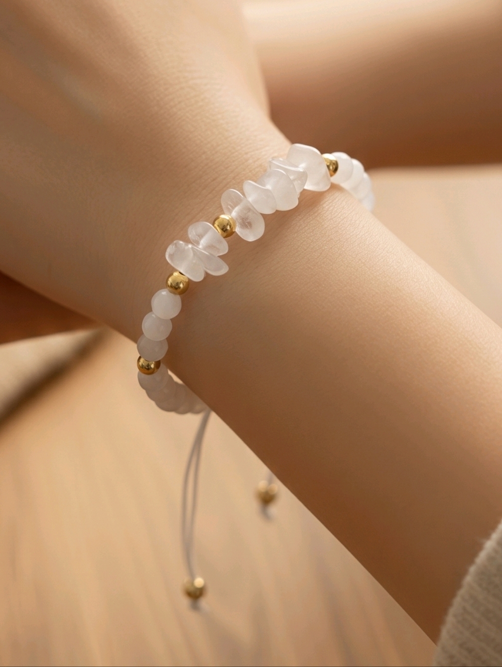 White Quartz Crystal Chip Bracelet Adjustable Gold Minimalist Stackable Jewelry